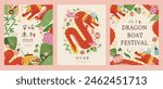 Cute Duanwu templates isolated on peach background. Text: Healthy Duanwu. Fortune. Dragon Boat Festival.