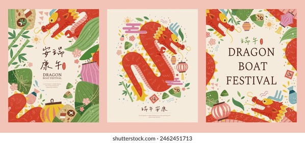 Cute Duanwu templates isolated on peach background. Text: Healthy Duanwu. Fortune. Dragon Boat Festival.