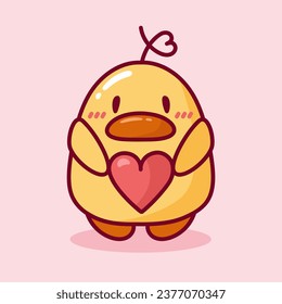 Cute Duck Animal. Cartoon Character with Heart. Cute Duckling with Heart on Pink Background. Concept for Animals, Children's Drawings, Stickers, Mascot, Logo. Valentine card. Vector illustration