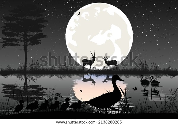 cute duck animal and moon\
silhouette