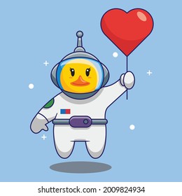 Cute Duck Astronaut Flying With Love Balloons Cartoon Vector Illustration. Free Design Concept Isolated Premium Vector