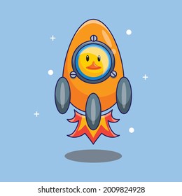 Cute Duck Astronaut Flying Up Rocket Made by Egg Cartoon Vector Illustration. Science Technology Design Concept Isolated Premium Vector