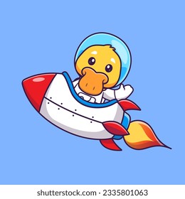 Cute Duck Astronaut Riding Rocket Cartoon Vector Icon Illustration. Animal Technology Icon Concept Isolated Premium Vector. Flat Cartoon Style