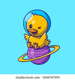 Cute Duck Astronaut Sitting On Planet Cartoon Vector Icon Illustration. Animal Science Icon Concept Isolated Premium Vector. Flat Cartoon Style