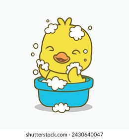 Nette Ente Baden in Eimer mit Blase Cartoon Vektor-Ikone Illustration. Tierart