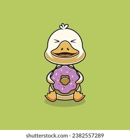 Cute duck with big donut cartoon illustration