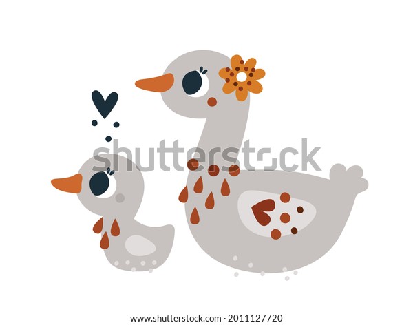 Cute duck birds with floral ornament isolated\
on white background. Cute illustration for kids with cartoon\
animal. Childish print with ducks for nursery clothing, card,\
poster, anniversary