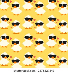 Cute Duck with Black Glasses Seamless Pattern.A fun and playful seamless pattern with cute ducks wearing black glasses on a yellow background. 