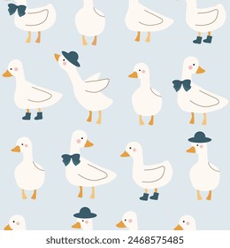 cute duck with boot  , hat and bow  seamless pattern , vector illustration