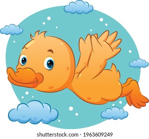 The cute duck with the bright color is flying on the sky with the cloud ornament of illustration