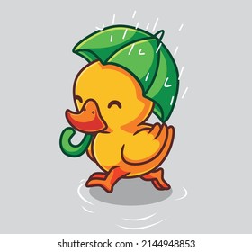 cute duck bring umbrella rainy day. isolated cartoon animal nature illustration. Flat Style Sticker Icon Design Premium Logo vector. Mascot Character