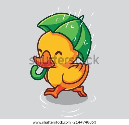 cute duck bring umbrella rainy day. isolated cartoon animal nature illustration. Flat Style Sticker Icon Design Premium Logo vector. Mascot Character