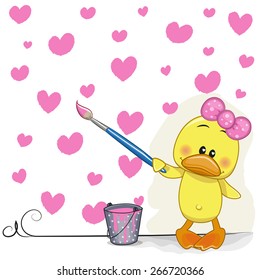 Cute Duck with brush is drawing hearts 