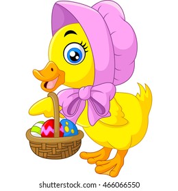 Cute duck with bucket of eggs.