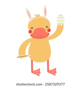 Cute duck with bunny ears, painting Easter eggs in basket character illustration. Hand drawn flat style design, isolated vector. Holiday clip art, kids print element, seasonal card, banner, poster