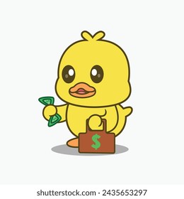 Cute Duck Business Holding Money And Suitcase Cartoon Vector Icon Illustration. Animal Business