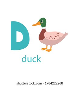 Cute duck card. Alphabet with animals. Colorful design for teaching children the alphabet, learning English. Vector illustration in a flat cartoon style on a white background
