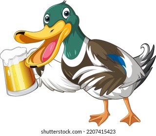 Cute duck cartoon character holding a mug of beer illustration