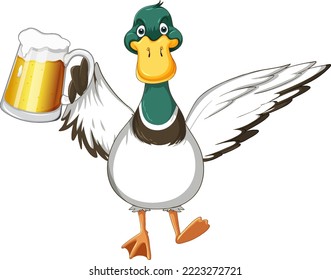 Cute duck cartoon character holding a mug of beer illustration