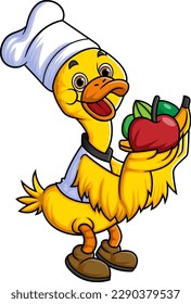 cute duck cartoon character is a professional chef and brings fruits and vegetables of illustration