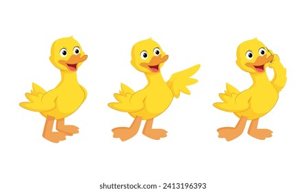 Cute Duck Cartoon Character Set with Different Poses. Duck Standing, Waving and Talking on Phone Vector Illustration