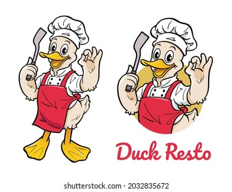 Cute duck cartoon character wearing chef uniform. Can be used as mascot or part of a logo.