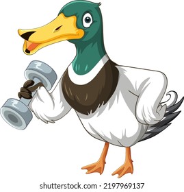 Cute duck cartoon character workout using dumbbell illustration