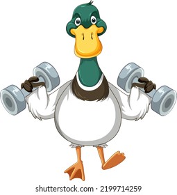 Cute duck cartoon character workout using dumbbell illustration