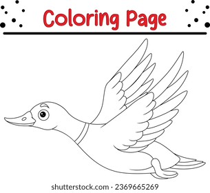 Cute duck cartoon flying coloring page. black and white vector illustration for a coloring book.