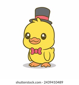 Cute duck cartoon with a neat appearance wearing a ribbon tie and long hat vector illustration.Animals . fashion.