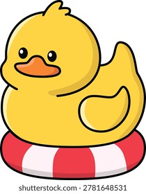 Cute Duck Cartoon on a Red Floaties Simple Line Art sstkSummer