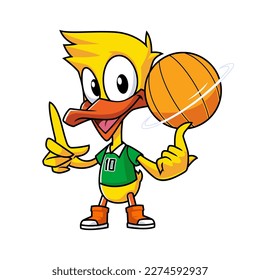 Cute duck cartoon playing basketball on finger vector illustration