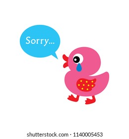 Cute Duck Cartoon Sorry Card Vector. Apologize Greeting Card With Cute Cartoon Duck Graphic.  Duck Apology Card.