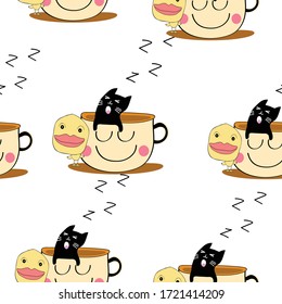 cute duck and cat with coffee  seamless pattern ,cute background design vector eps.10