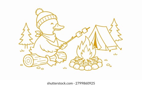 Cute duck character camping in the forest, roasting marshmallows over a campfire near a tent. Minimalist yellow monoline illustration style.