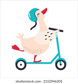 Cute Duck Character in Helmet Riding Kick Scooter Vector Illustration
