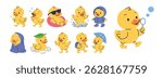 Cute Duck Character Illustration, Duck Blowing Bubbles, Splashing in a Puddle, Floating on Water