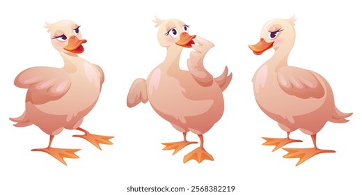 Cute duck character set - plump pink waterfowl with expressive eyes and orange webbed feet shown from different angles. Cartoon bird mascot with various poses for children animation or game design.