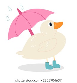 Cute duck character with an umbrella smiles in the rain. Vector illustration for banners, postcards, stickers, greetings, posters. Children's cute illustration isolated