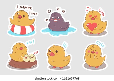 Cute duck characters set. Vector cartoon stickers isolated on background.