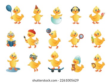 Cute duck chicks. Duckchicks activities. Student babies with books and magnifier. Teacher and yellow animals. Duckling poses or actions. Funny characters. Vector tidy illustration set