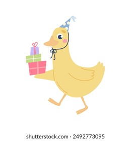 Cute duck for children. Birthday greetings, cake and party hat. Vector illustration in flat style
