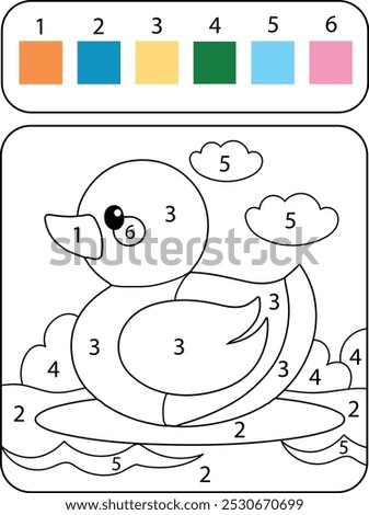 Cute duck coloring book page. Duck line drawing for kids. Color by numbers drawing.