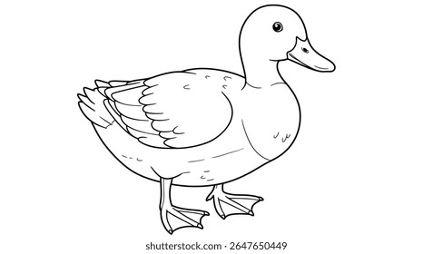 Cute duck coloring page for kids focusing on its prominent characteristic large webbed feet design