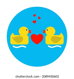 Cute duck couple fall in love with red hearts shape. Valentines day greeting card. Vector illustration.