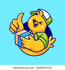 Cute Duck Courier Delivery Package Logo Cartoon Vector Icon Illustration. Animal Profession Icon Concept Isolated Premium Vector. Flat Cartoon Style