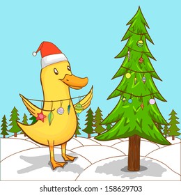 Cute duck decorating Christmas tree. Greeting card. Cartoon style.