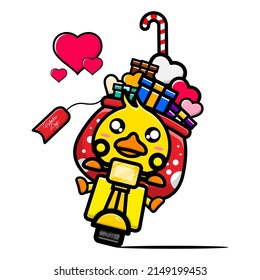 Cute duck design in cool style riding motorbike with gift pouch for valentines day celebration