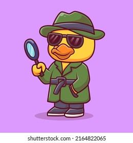 Cute Duck Detective Cartoon Vector Icon Illustration. Animal Profession Icon Concept Isolated Premium Vector. Flat Cartoon Style