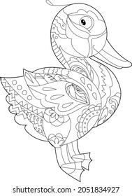 Cute duck. Doodle style, black and white background. Funny bird, coloring book pages. Hand drawn illustration in zentangle style for children and adults, tattoo.